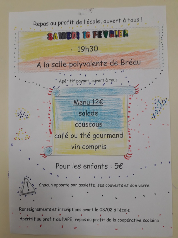 Repas de l'école: samedi 16 février Repas de l'école: samedi 16 février
