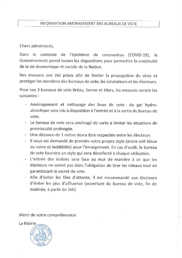 ELECTIONS MUNICIPALES : CORONAVIRUS : AMENAGEMENT DES BUREAUX DE VOTE