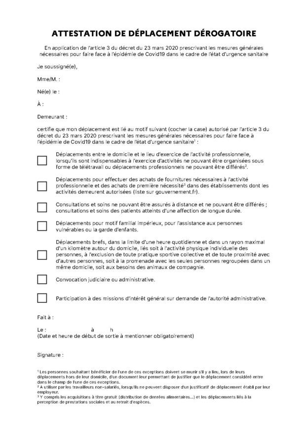 Attestation de déplacement dérogatoire PLUS STRICTE ET ACTUALISEE AU 23/03/2020