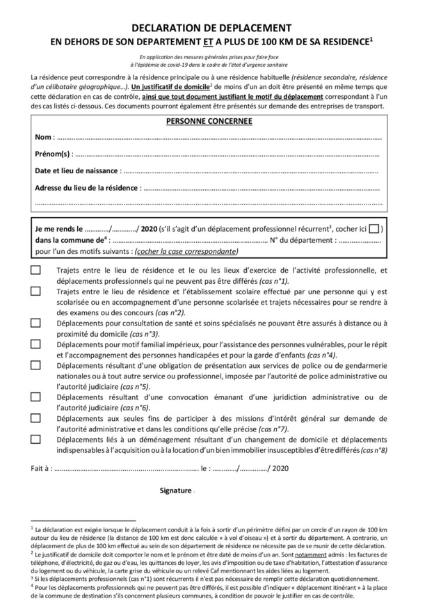 Attestation de déplacement en dehors de son département et à plus de 100 KM
