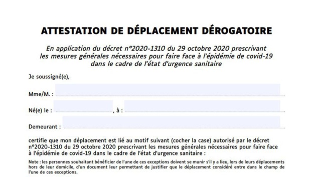28/11/2020 : Nouvelle attestation de déplacement dérogatoire
