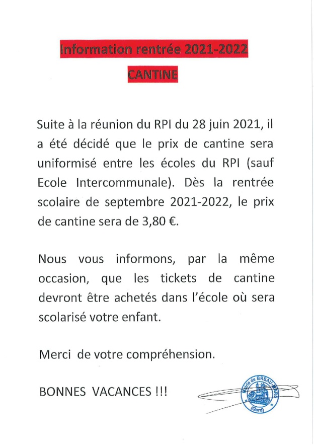 Informations cantine rentrée 2021/2022