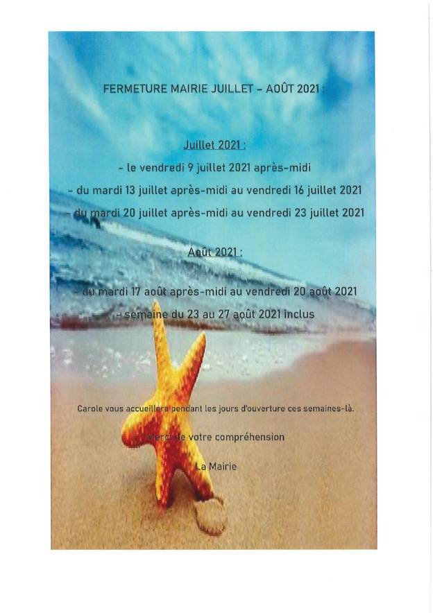 Fermeture Mairie Bréau et Mars Août 2021 Fermeture Mairie Bréau et Mars Août 2021