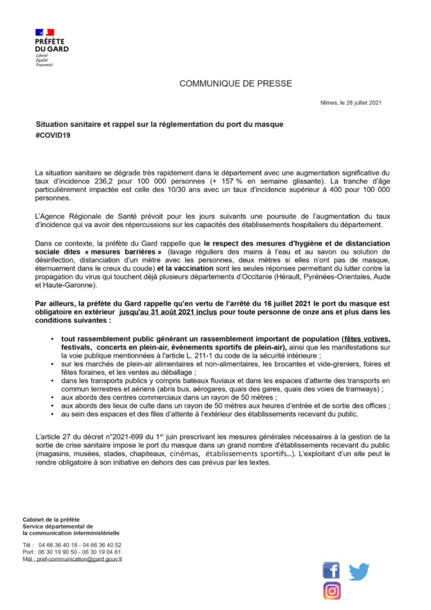Message de la Préfecture : Covid 19 - rappel des règles du port du masque et des mesures dites barrières