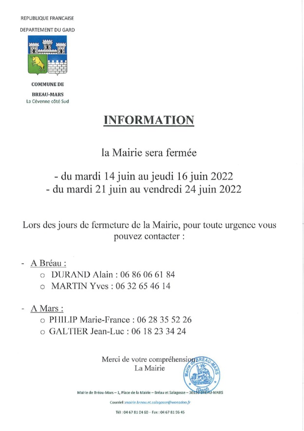 FERMETURE MAIRIE FERMETURE MAIRIE