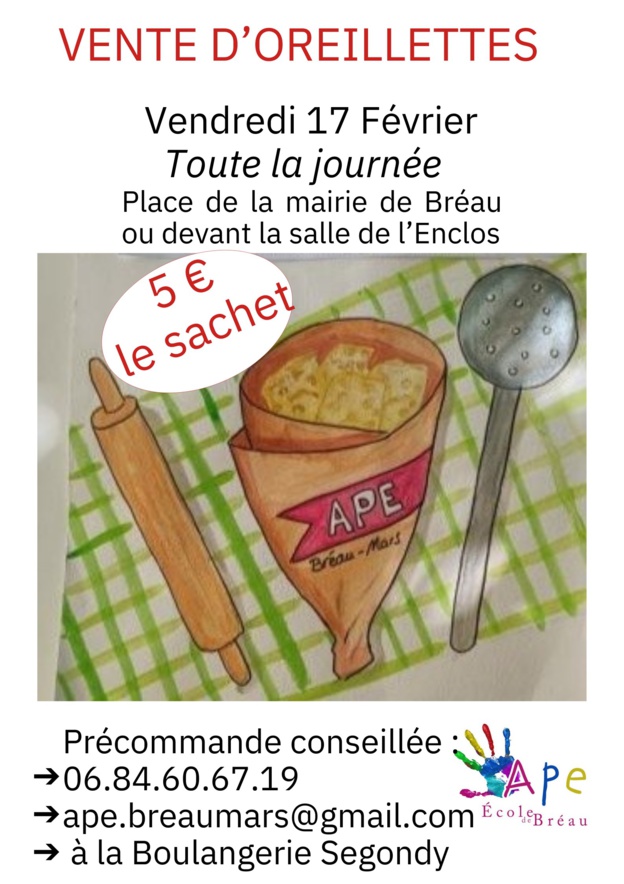 Vente d'oreillettes au profit de l'APE le 17 février Vente d'oreillettes au profit de l'APE le 17 février