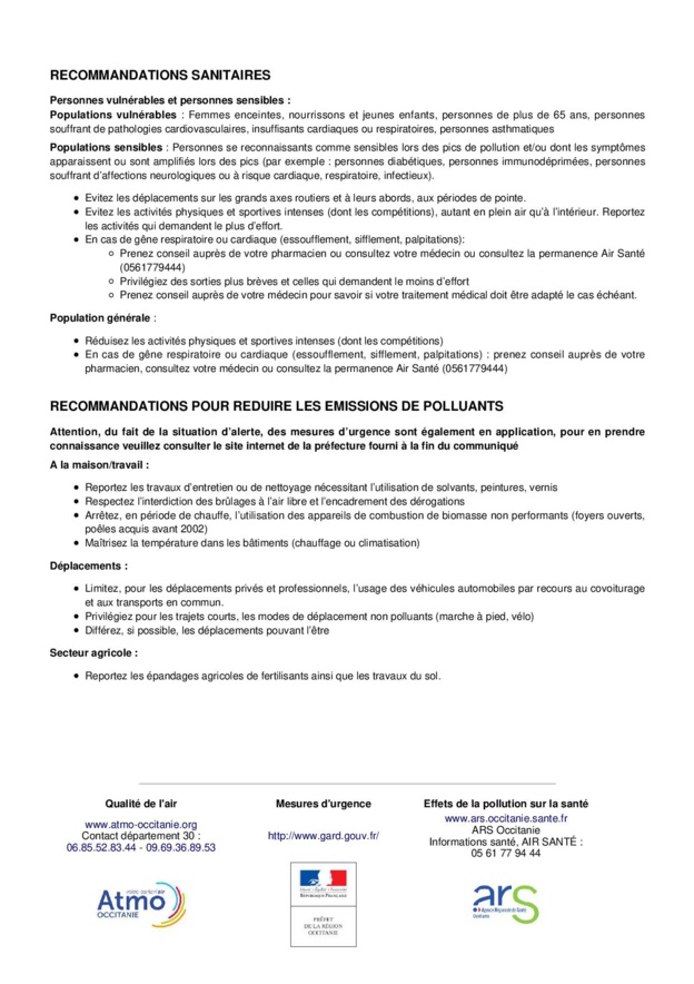 MISE A JOUR : COMMUNIQUE DE PRESSE: POLLUTION DE L'AIR MISE A JOUR : COMMUNIQUE DE PRESSE: POLLUTION DE L'AIR