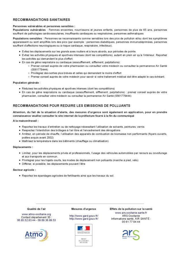 MISE A JOUR : COMMUNIQUE DE PRESSE: POLLUTION DE L'AIR MISE A JOUR : COMMUNIQUE DE PRESSE: POLLUTION DE L'AIR