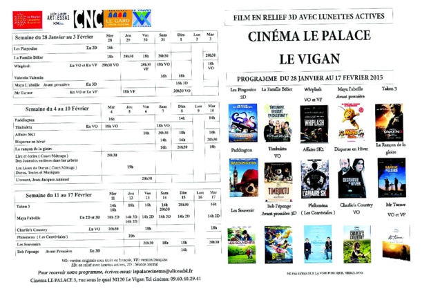 Programme du Cinéma Le Palace  Le Vigan du 28 Janvier au 17 Février 2015