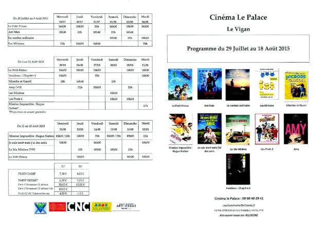 Programme du Cinéma Le Palace du 29 Juillet au 18 Août 2015 Programme du Cinéma Le Palace du 29 Juillet au 18 Août 2015