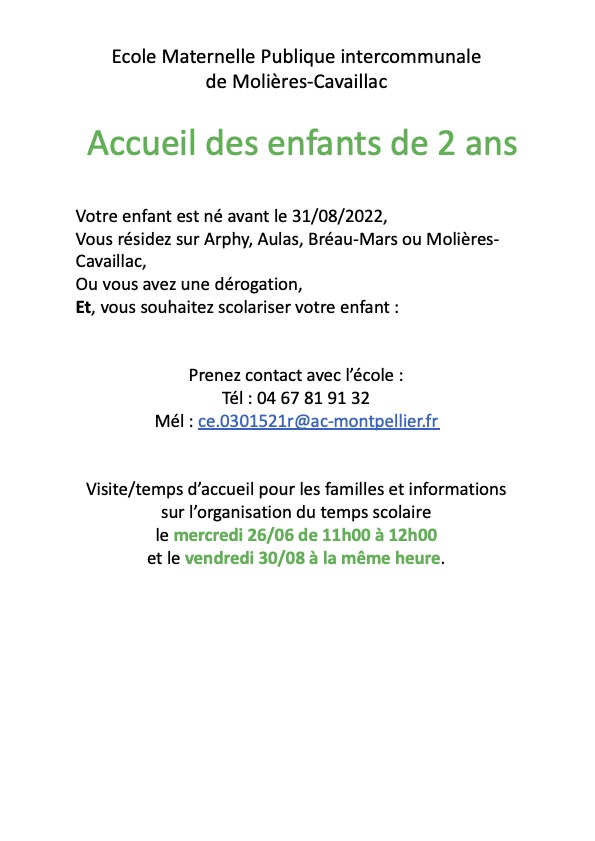 Annonce ACCUEIL des enfants de DEUX ANS ! Annonce ACCUEIL des enfants de DEUX ANS !
