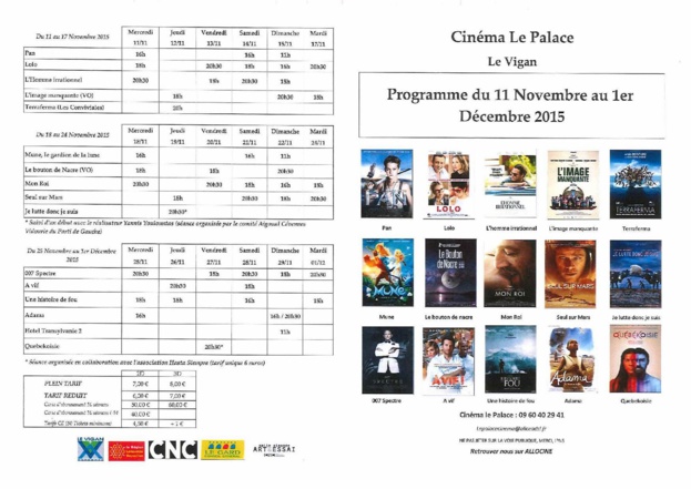 Programme du cinéma le Palace du 11 Novembre au 1er décembre 2015 Programme du cinéma le Palace du 11 Novembre au 1er décembre 2015
