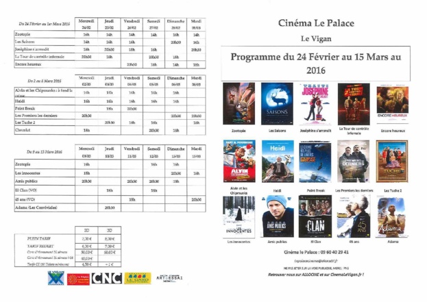 Programme du Cinéma le Palace du 24 Février au 15 Mars 2016