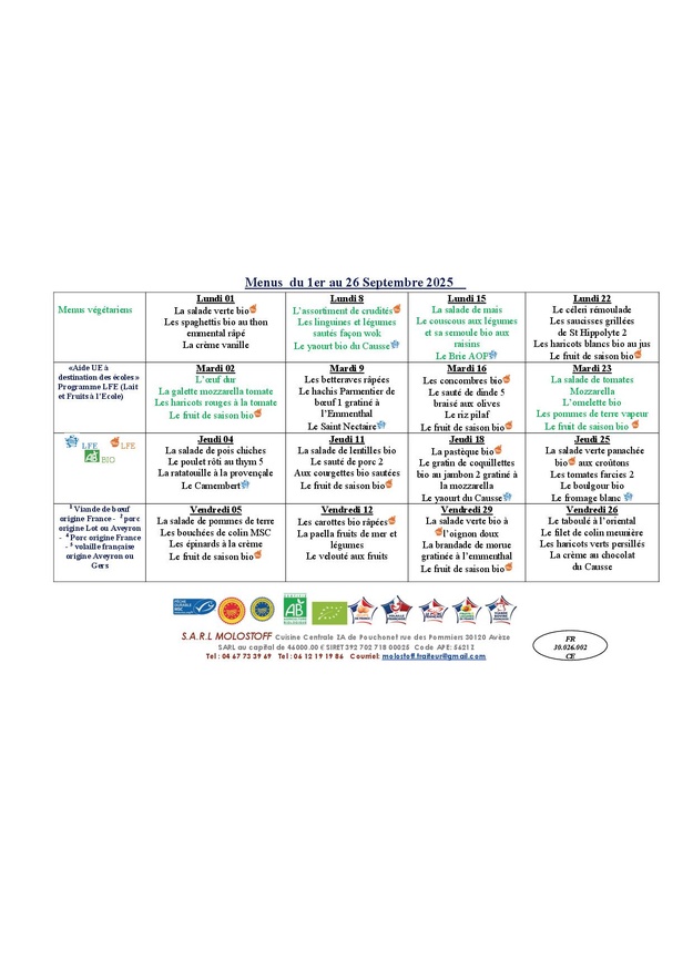 Menu cantine septembre 2025