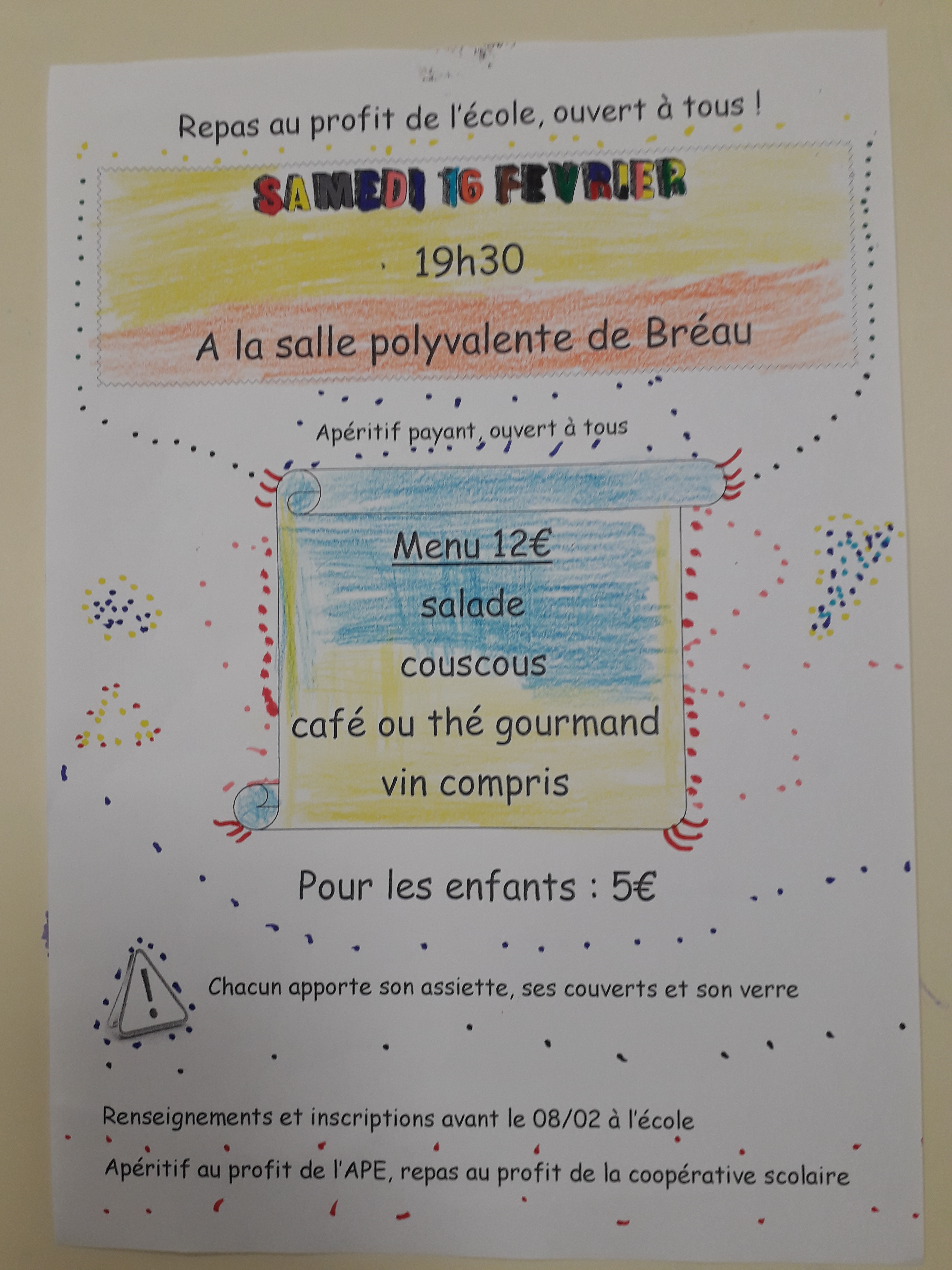 Repas de l'école: samedi 16 février