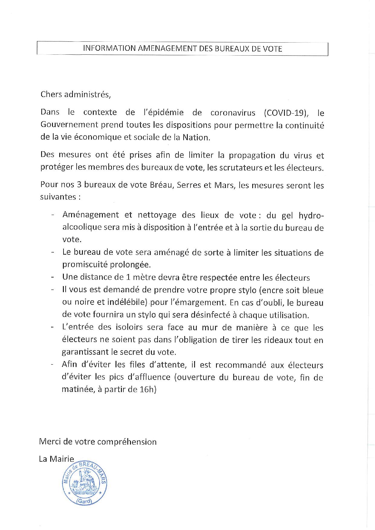 ELECTIONS MUNICIPALES : CORONAVIRUS : AMENAGEMENT DES BUREAUX DE VOTE