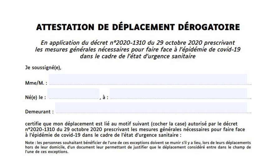 28/11/2020 : Nouvelle attestation de déplacement dérogatoire