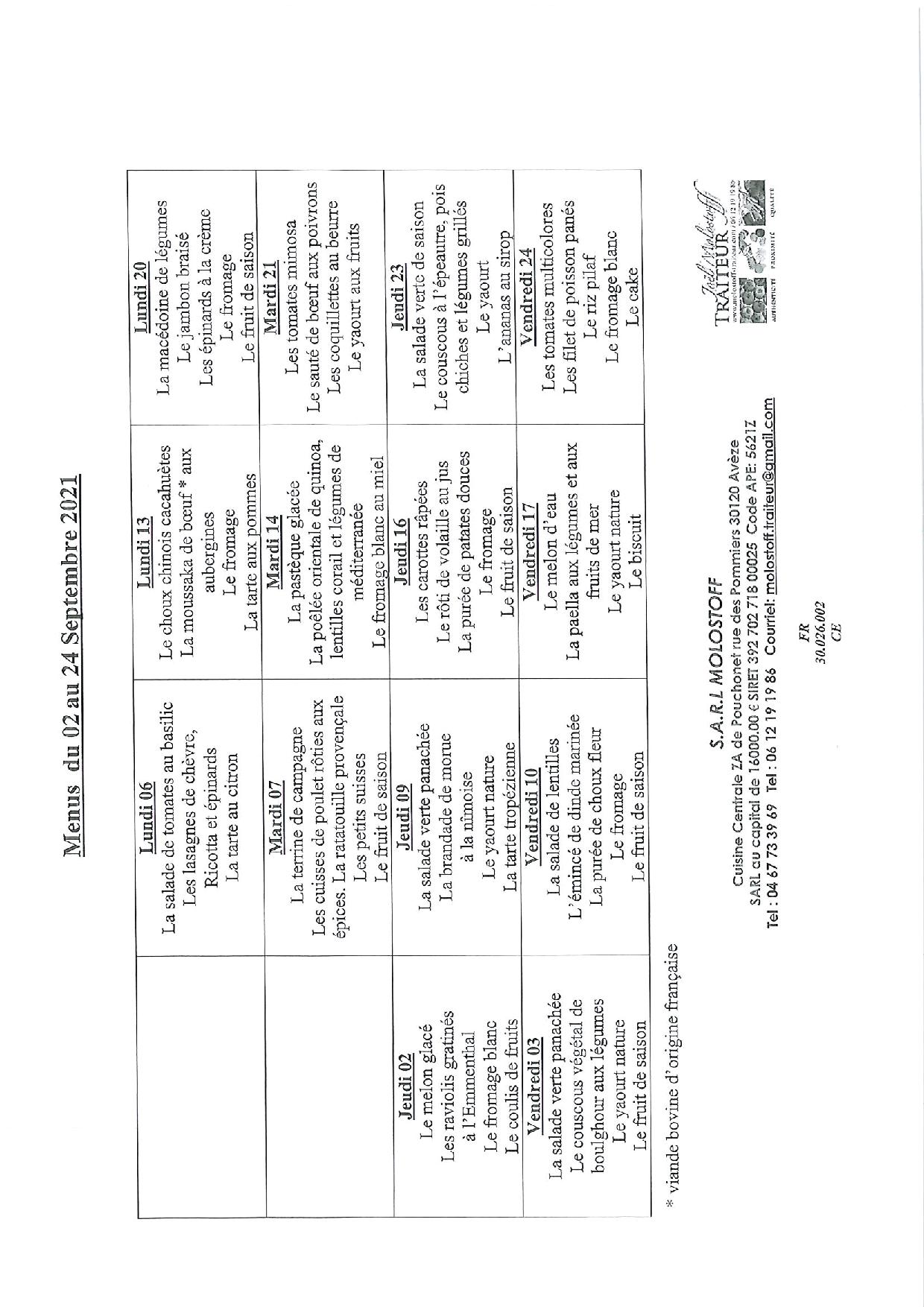Menu cantine Septembre 2021
