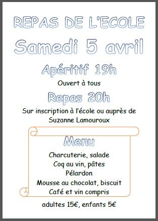 Repas de l'école samedi 5 avril Repas de l'école samedi 5 avril