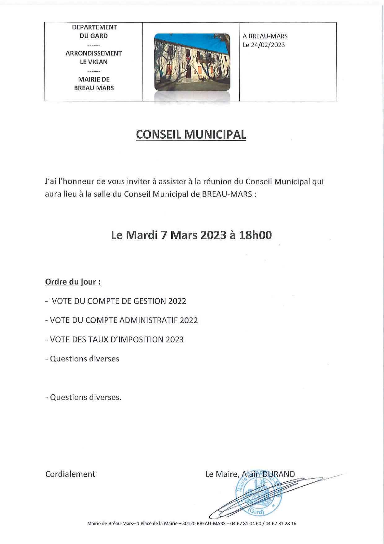 CONSEIL MUNICPAL LE 7 MARS 2023