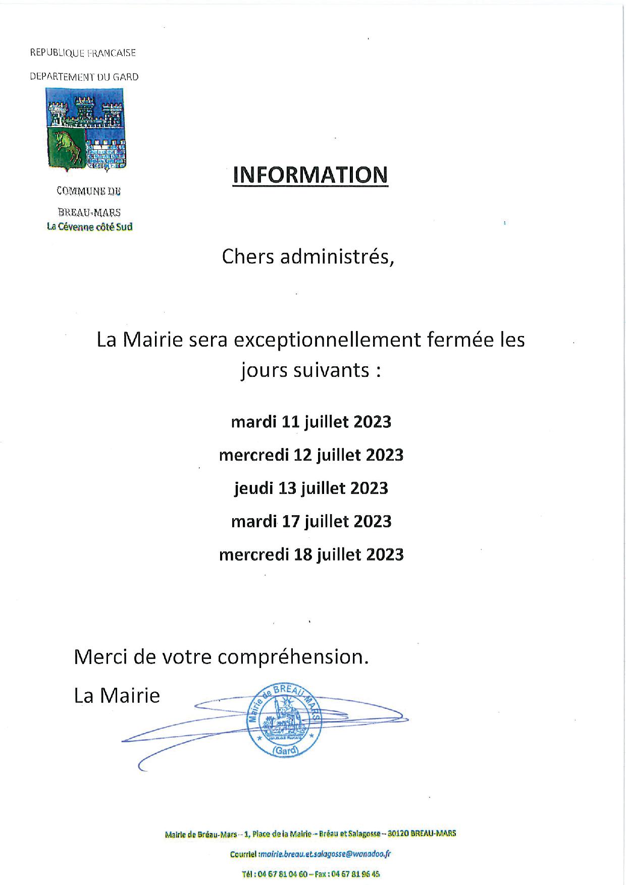 FERMETURE MAIRIE FERMETURE MAIRIE