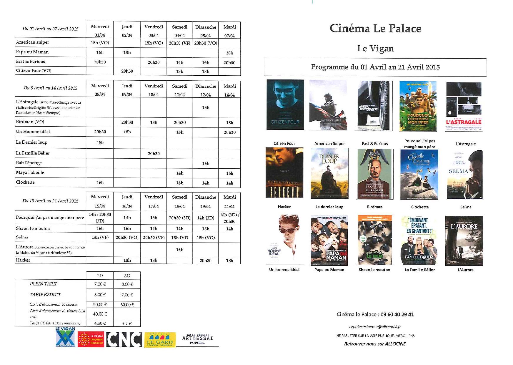 Programme du Cinéma du 1er avril au 21 Avril 2015