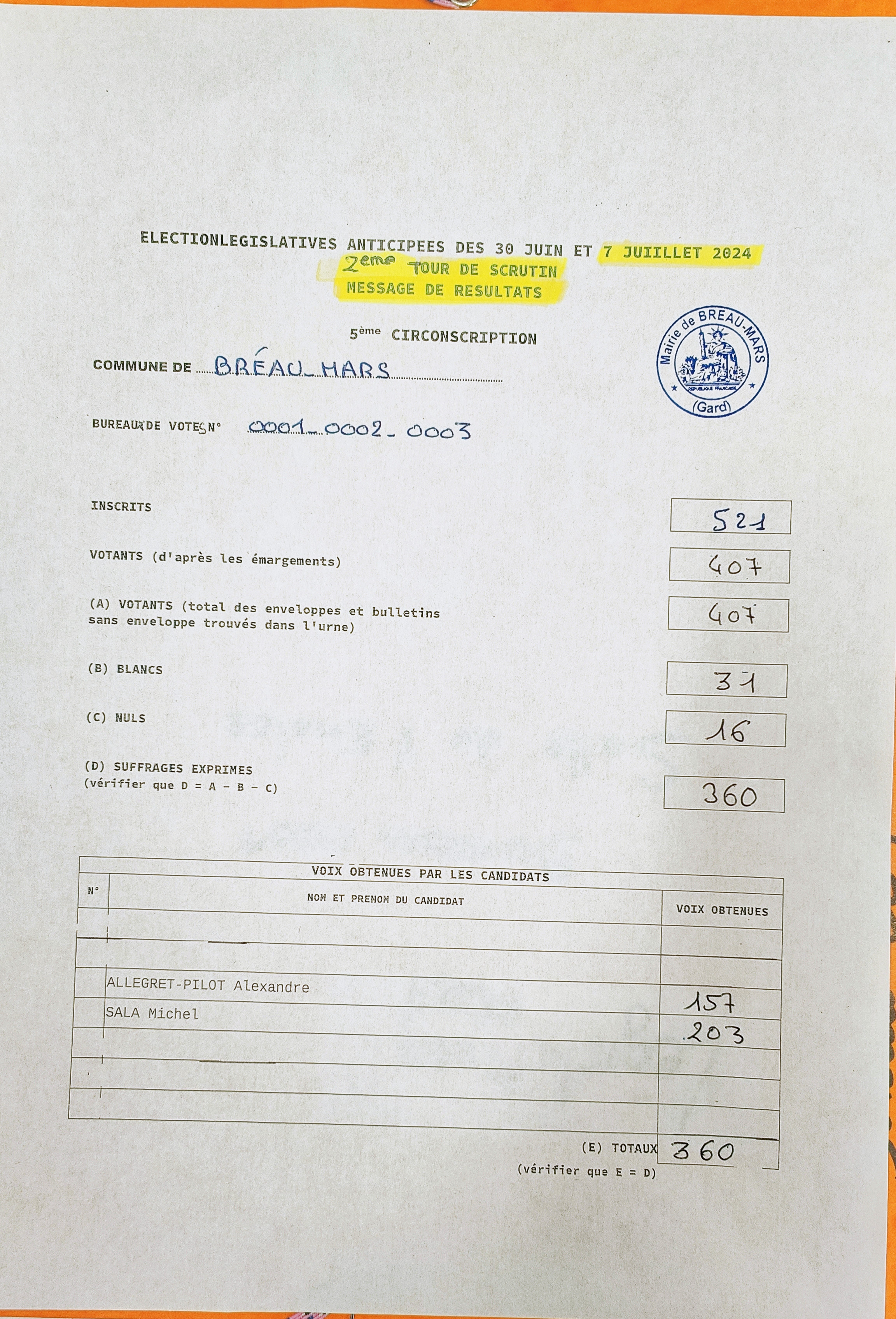 Elections législatives 2ème tour : résultats centralisateur et par bureaux Elections législatives 2ème tour : résultats centralisateur et par bureaux