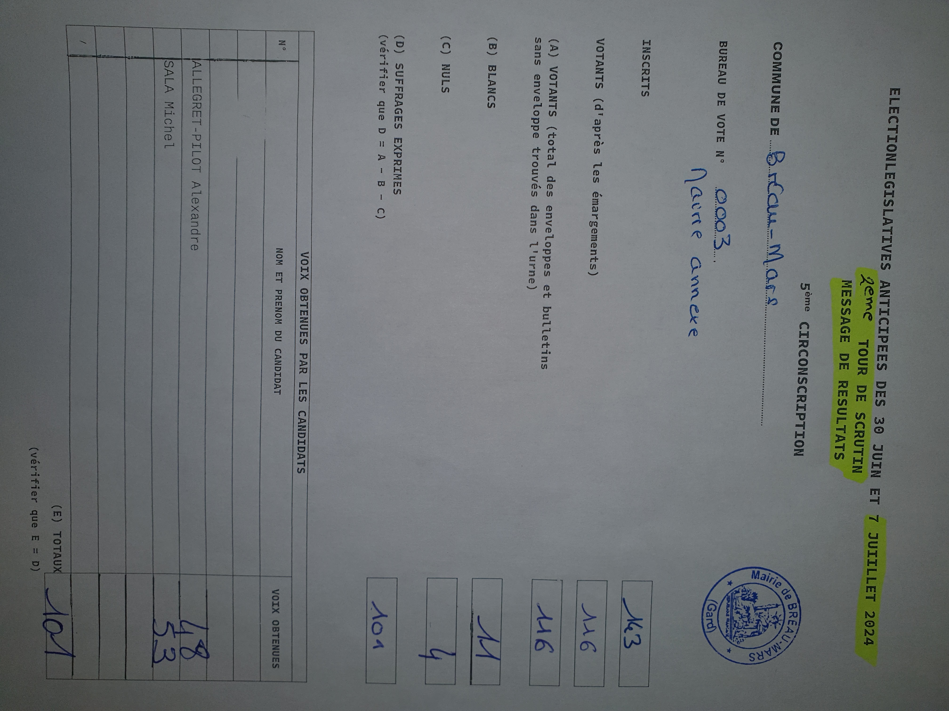 Elections législatives 2ème tour : résultats centralisateur et par bureaux Elections législatives 2ème tour : résultats centralisateur et par bureaux