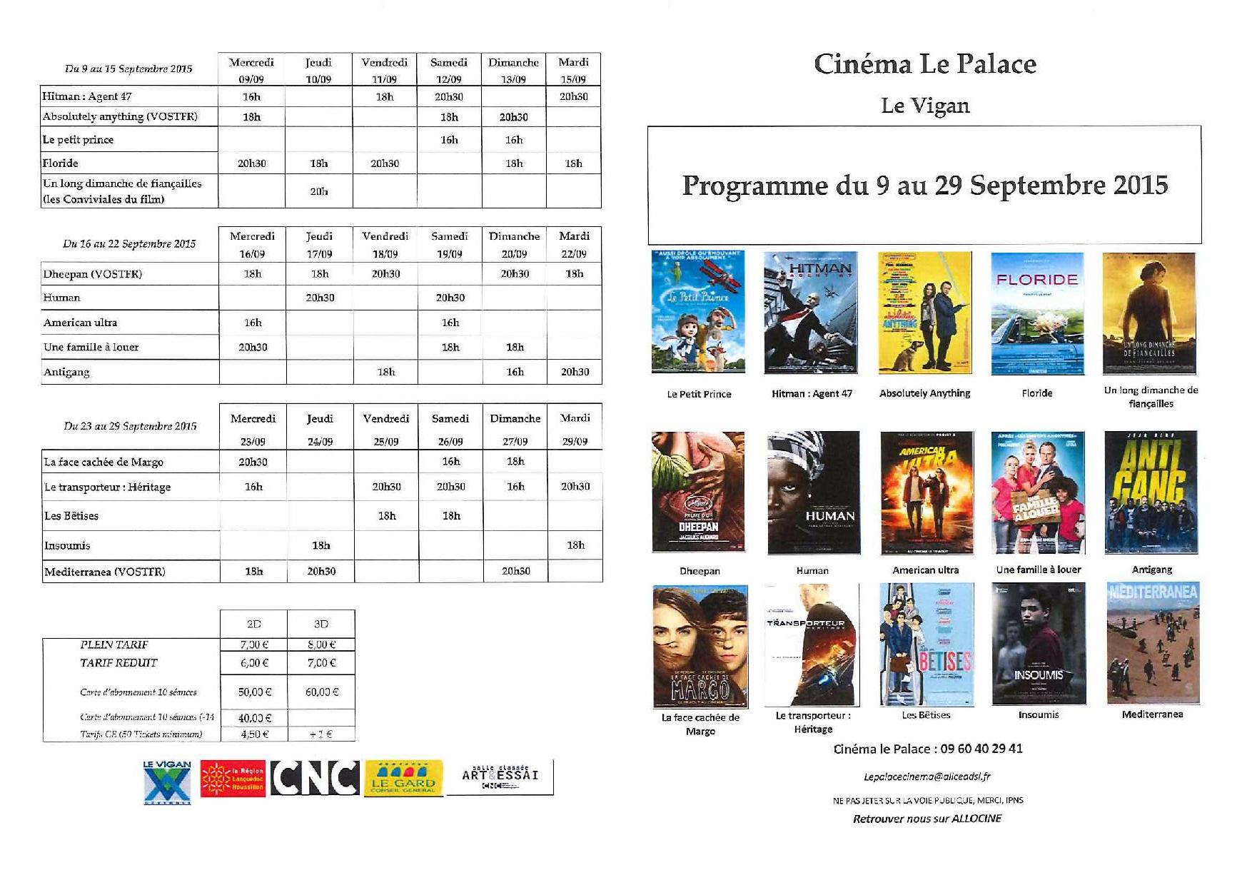 Programme du cinéma le Palace du 9 au 29 Septembre 2015