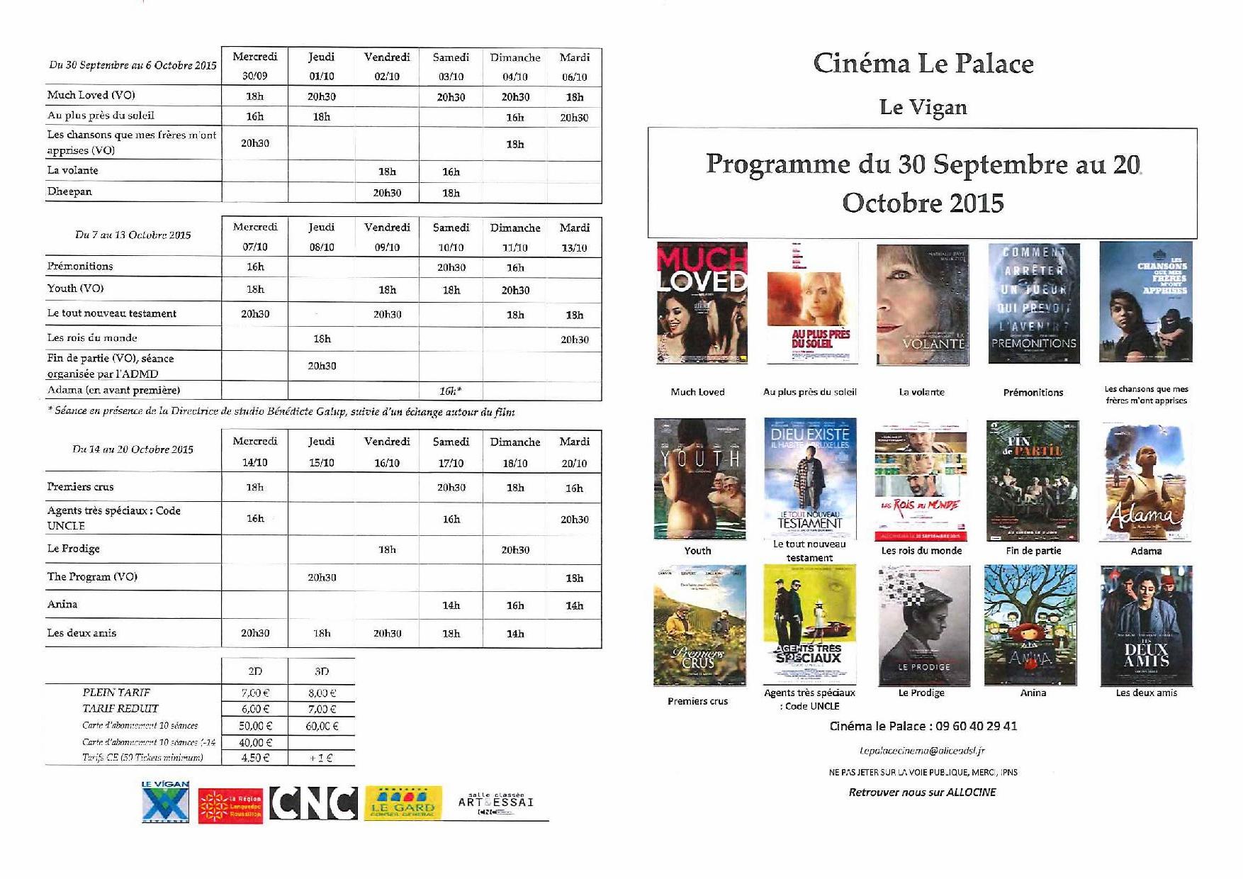 Programme du Cinéma Le Palace du 30 Septembre au 20 Octobre 2015