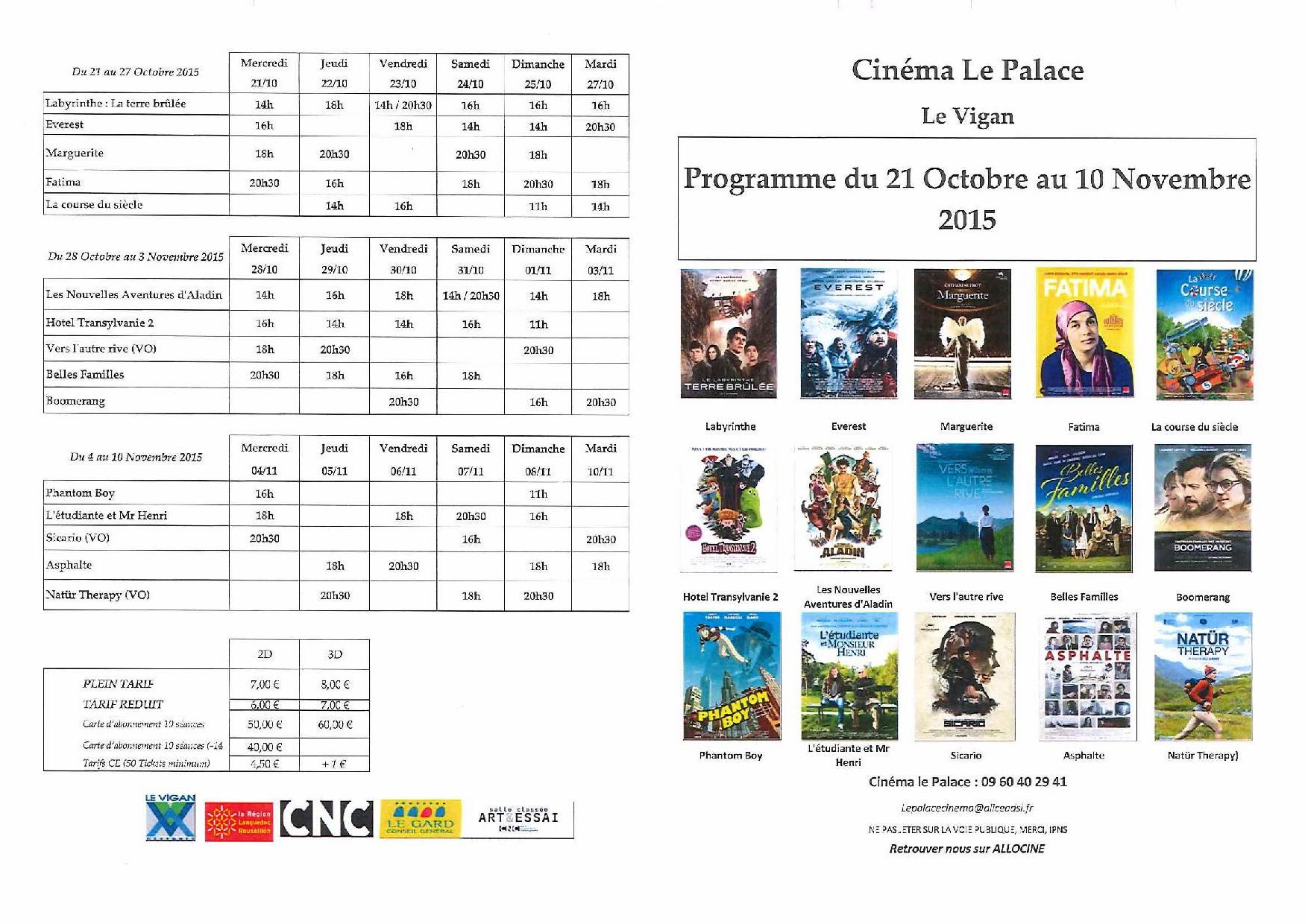 Programme du cinéma Le Palace du 21 Octobre 2015 au 10 Novembre 2015