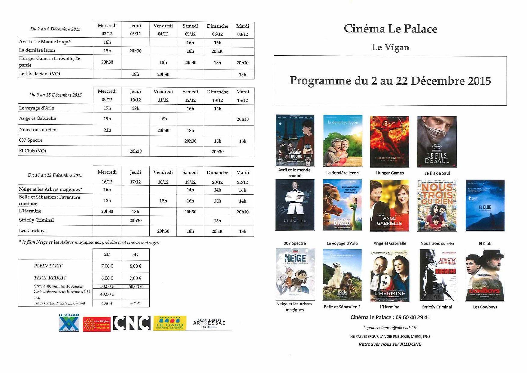 Programme du Cinéma le Palace du 2 au 22 Décembre 2015