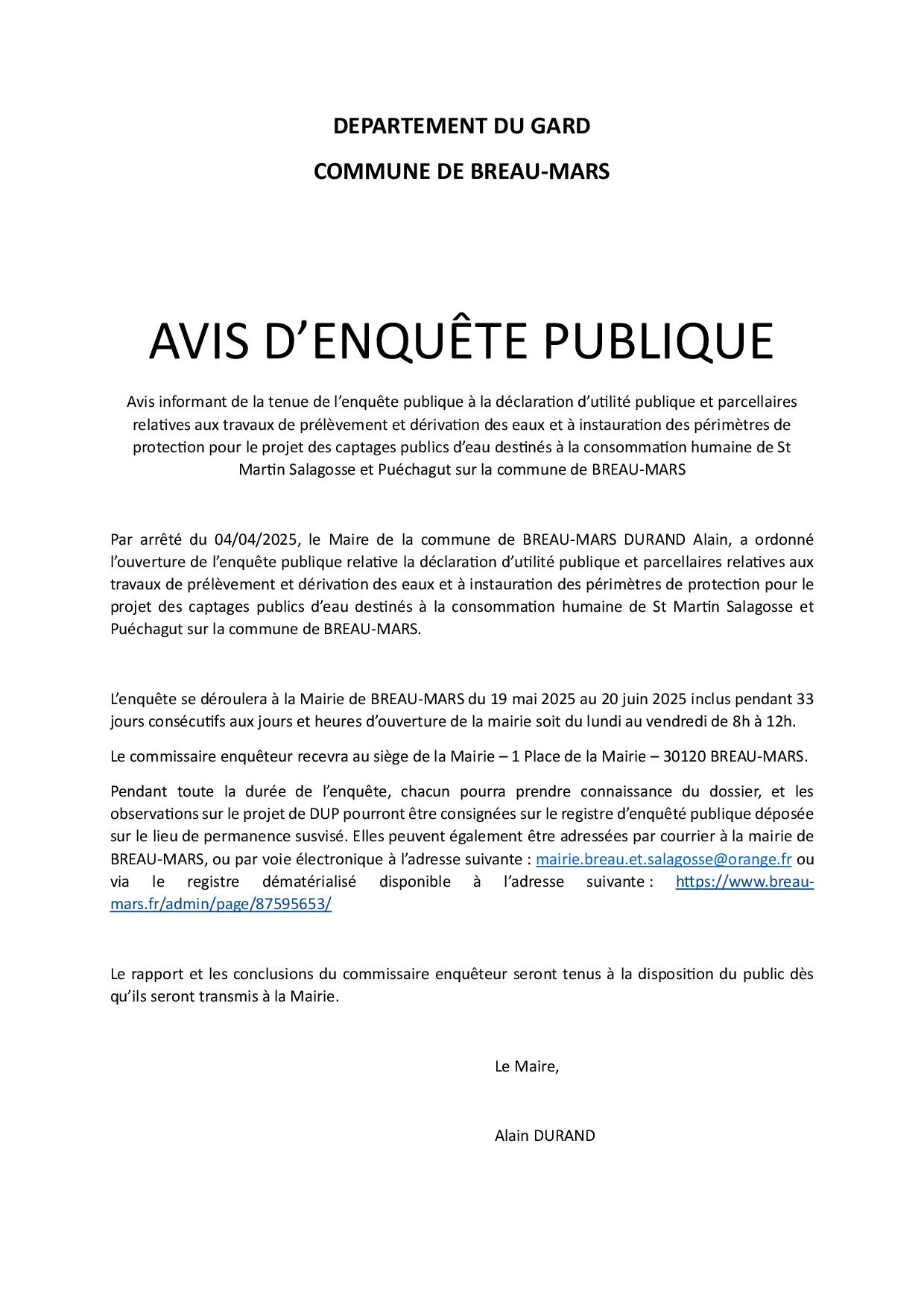Avis d'enquête publique Avis d'enquête publique