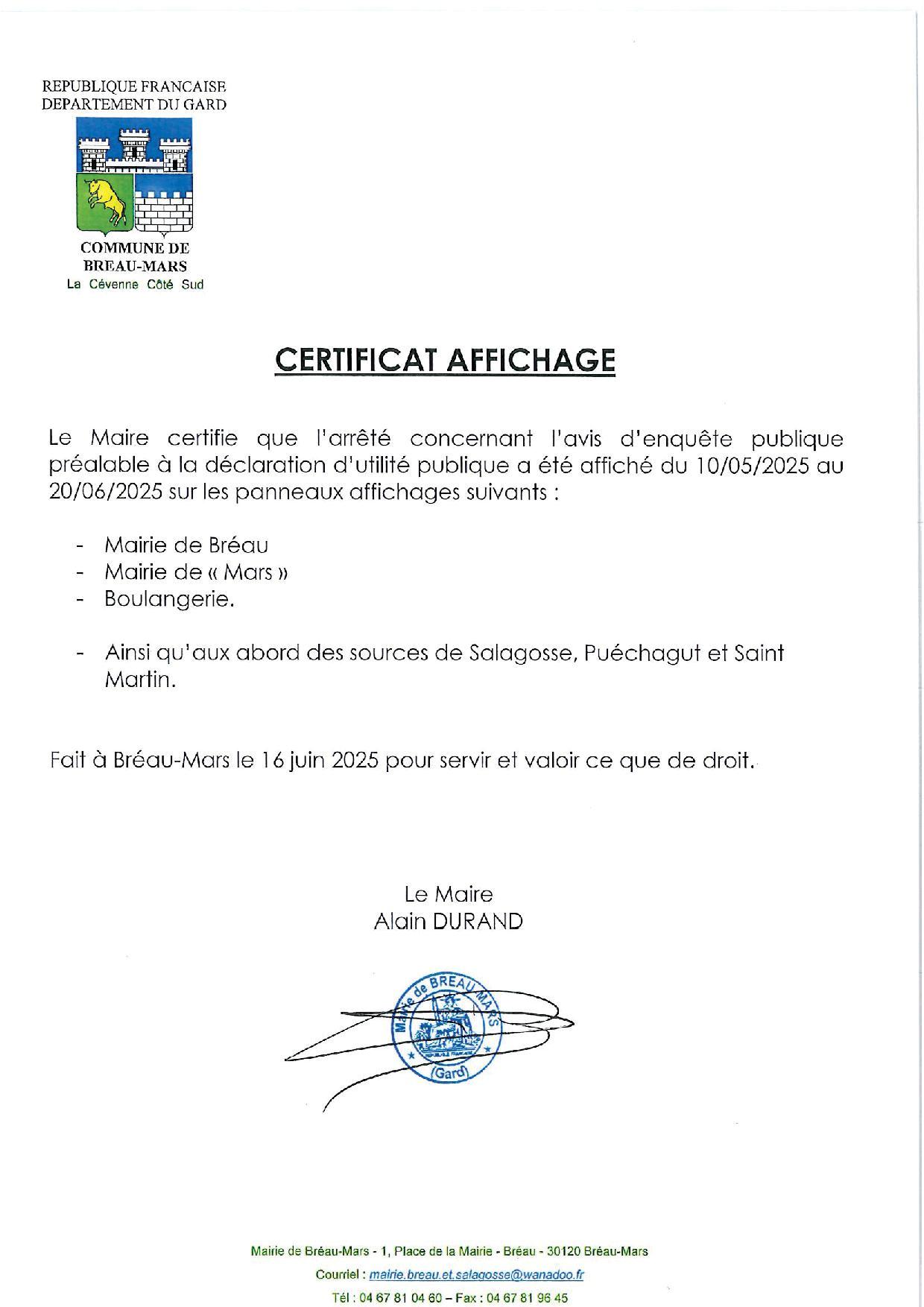 CERTIFICAT AFFICHAGE CERTIFICAT AFFICHAGE