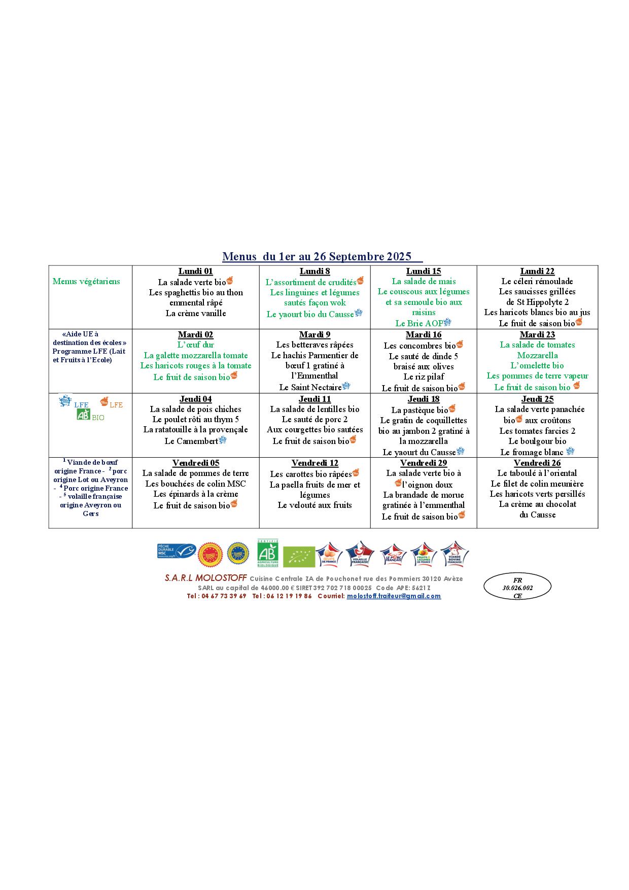 Menu cantine septembre 2025