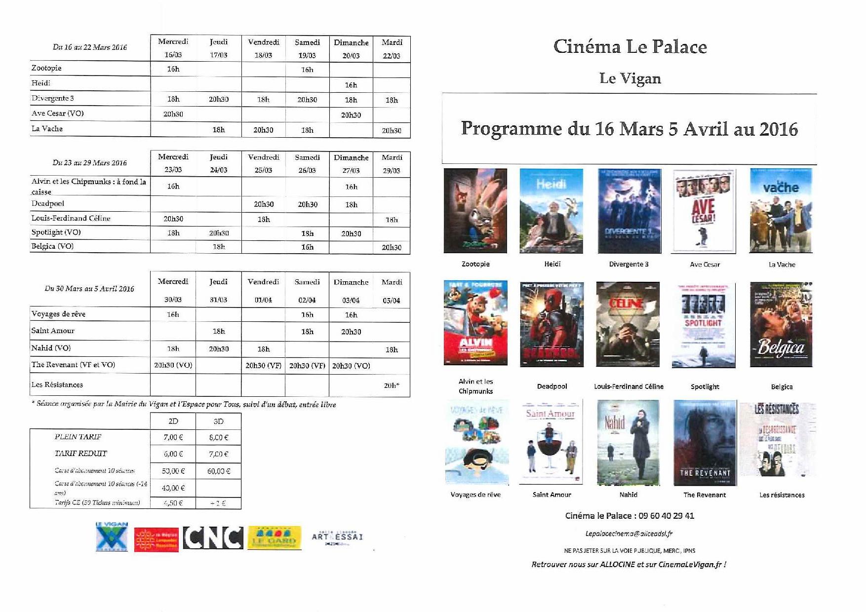 Programme du Cinéma le Palace du16 Mars au 5 Avril 2016