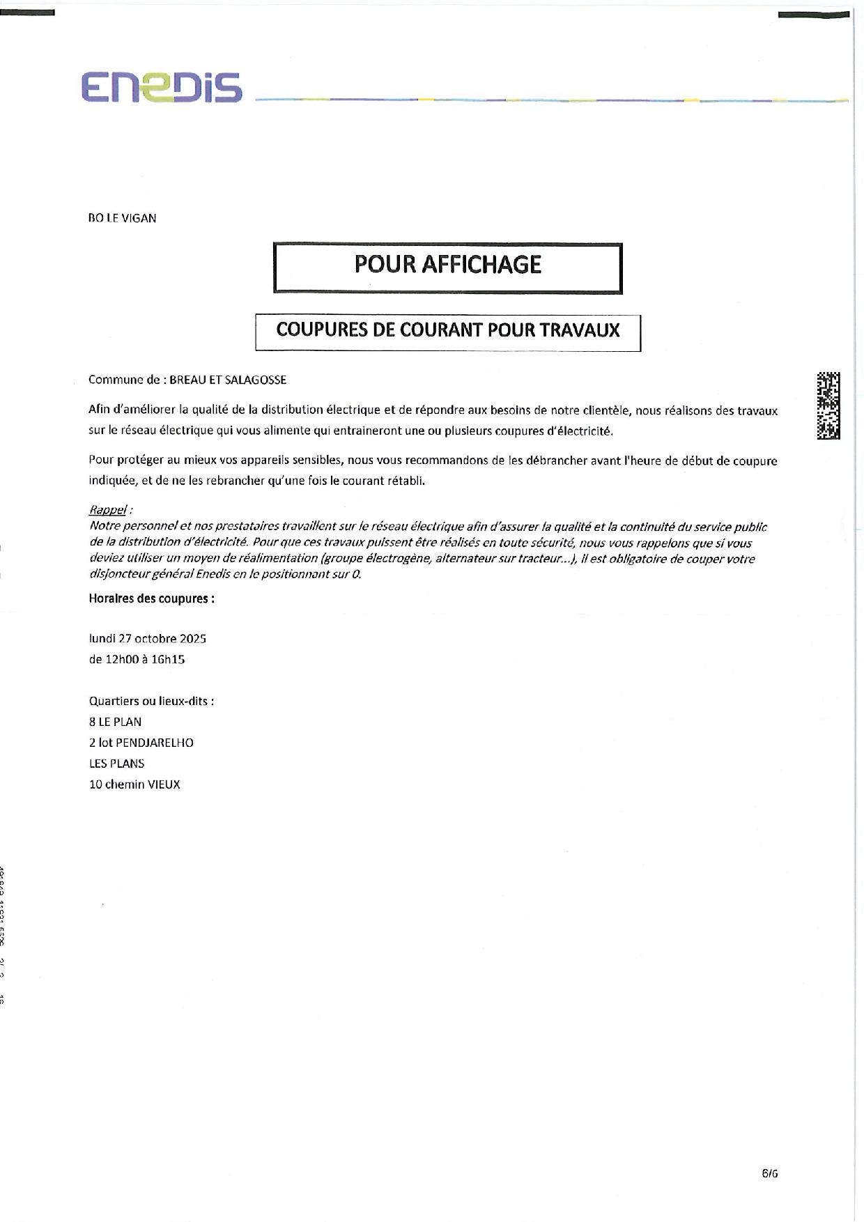 ​🔌 Coupure d’électricité programmée – Lundi 27 octobre 2025