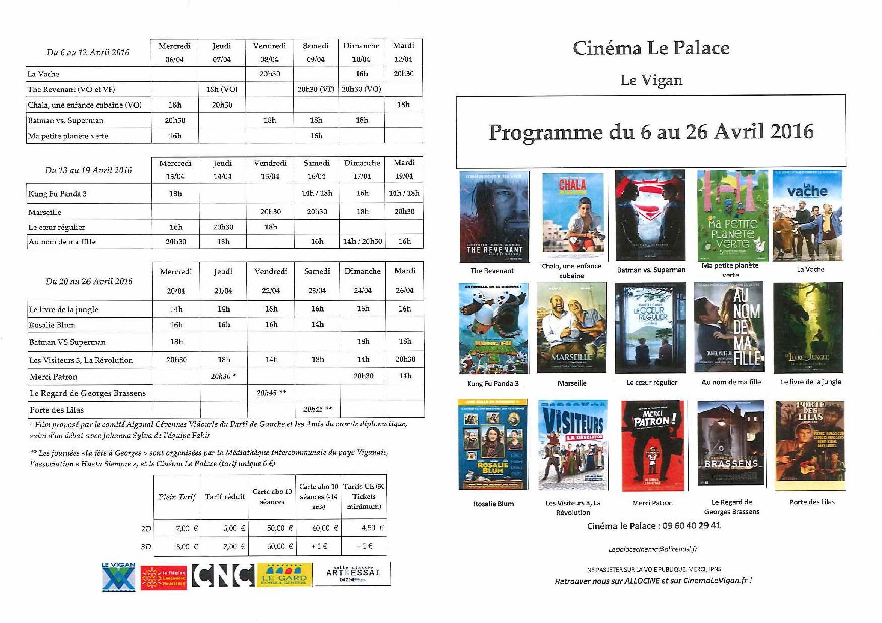 Programme du Cinéma du 6 au 26 Avril 2016
