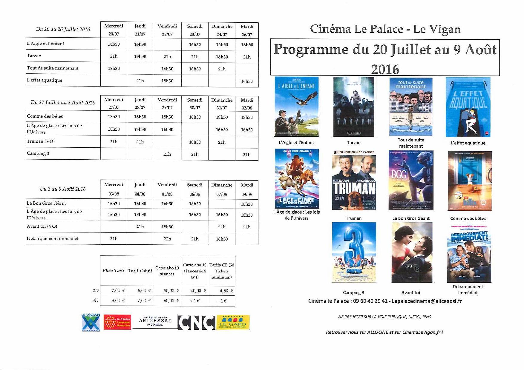 Programme du Cinéma le Palace du 20 Juillet au 9 août 2016